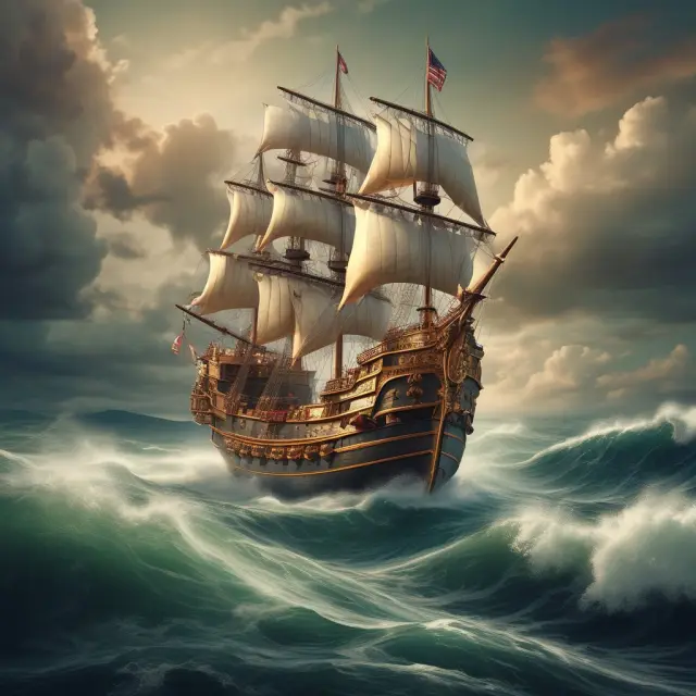 A golden ship sailing across an ocean, representing Mercantilism FAQs, loaded with economic knowledge and wisdom.