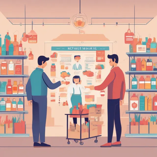 A retailer and wholesaler collaborate at a bustling marketplace, illustrating the interwoven relationship between the two types of merchandising companies