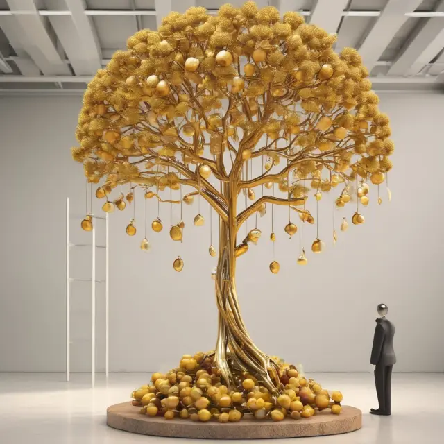 A golden tree symbolizing merchandising with tangible products, and a skilled architect representing service companies providing intangible solutions
