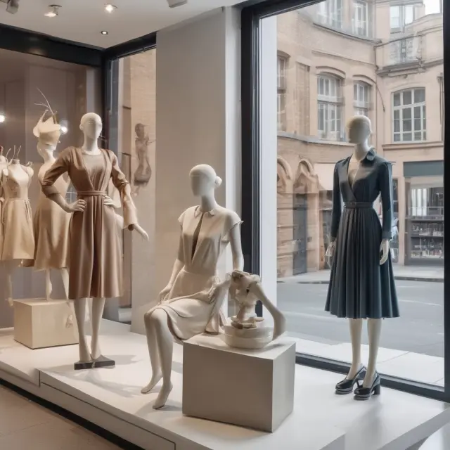 A visually captivating window display showcasing mannequins grouped with products, enhancing the shopping experience