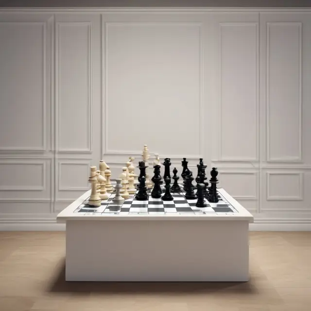 A chessboard representing the marketplace, with e-commerce figures outnumbering and outmaneuvering traditional retailers, symbolizing technological advancements in merchandising.