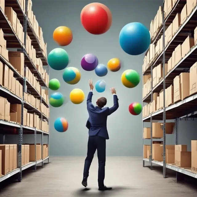 A retailer skillfully juggles inventory balls, representing accurate management of stock levels, minimizing losses, and maintaining product availability