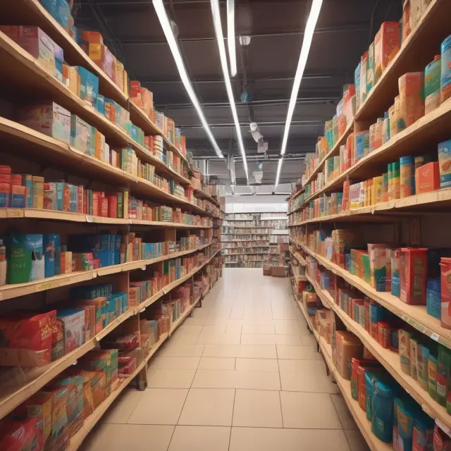 Vibrant scene of a modern marketplace filled with technology-driven merchandisers showcasing an array of diverse products