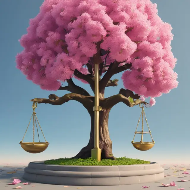 Scale tipping between a blooming fintech flower and an established bank tree, illustrating the decision-making process for merchants considering payment processor options