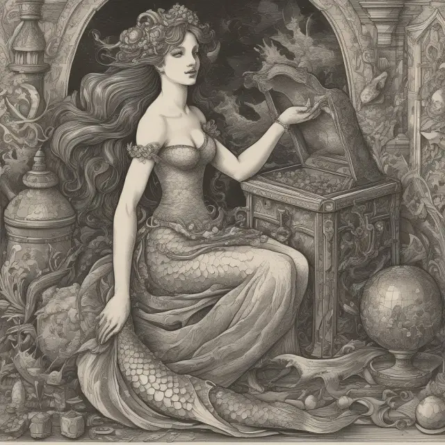 Mermaid negotiating global finance deal with scrolls and pearls