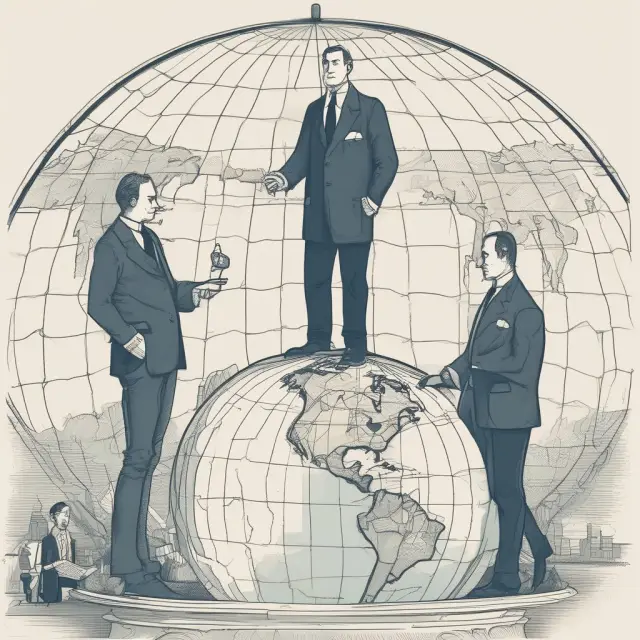 Three bankers symbolizing bulge bracket, regional, and boutique merchant banks stand on a globe, signifying their varying services and clientele