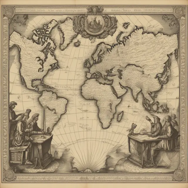 A vintage world map adorned with merchant ships illustrating historical trade routes and the evolution of merchant banking.