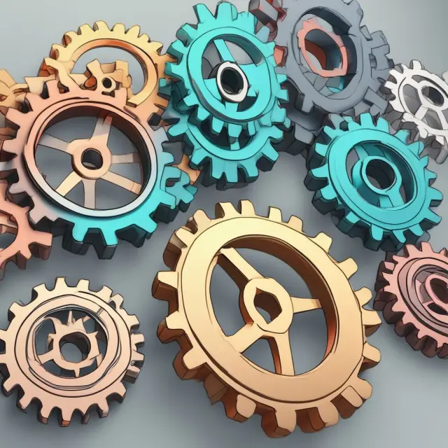 Gears symbolizing conglomerate, congeneric, market extension, horizontal, and vertical mergers, illustrating business growth