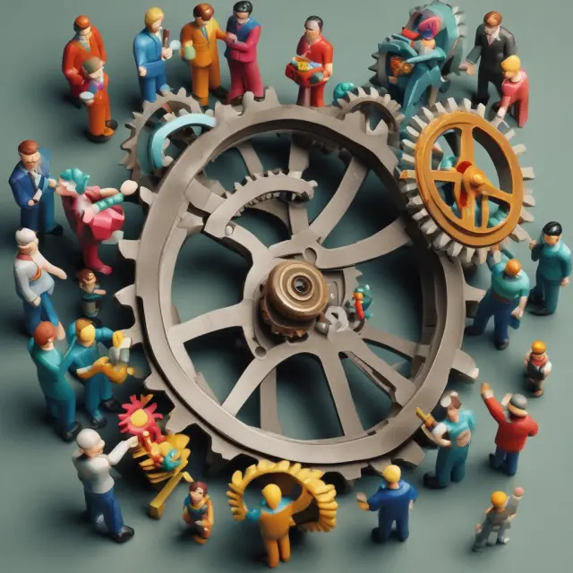 Image of two gears intertwined, illustrating merging companies, with small figures representing employees collaborating to ensure smooth operations