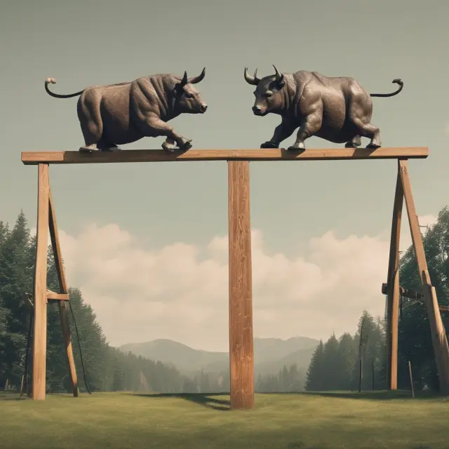 A seesaw with a merger bull and bear figurines representing potential risks and rewards in merger arbitrage