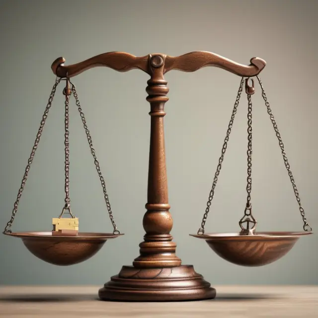 Scale weighs risks and rewards of merger arbitrage: Two corporations balanced on a scale, one with a profit symbol and the other with a risk symbol.