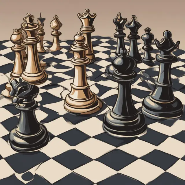 A chessboard illustrating merger arbitrage with regulatory approvals as kings, financial stability as queens, and tax implications as rooks