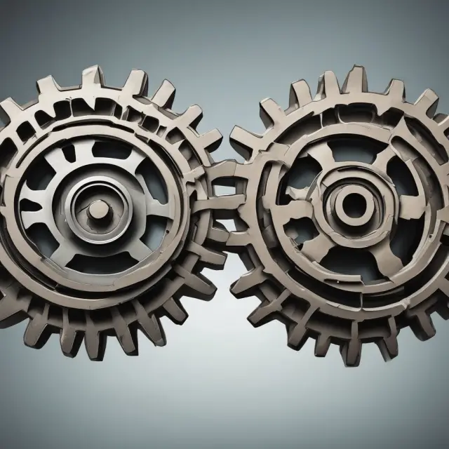 Two interconnected gears represent merging corporations; one encapsulates uncertainty while the other symbolizes certainty in a merger arbitrage strategy.