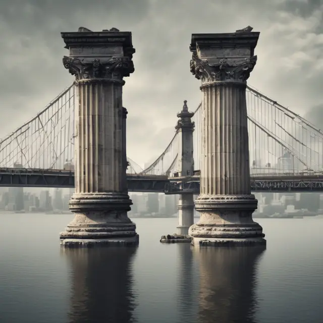 Bridge over unstable deal foundations and towering regulatory pillars, illustrating challenges in merger arbitrage: deal failure, regulatory uncertainty, and counterparty risk