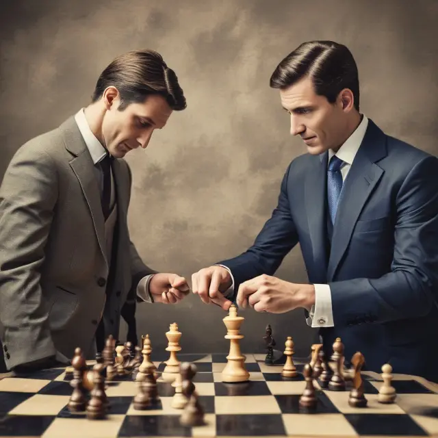 Two investors engaged in a game of chess, representing merger arbitrage. The board is filled with merger pieces from previous successful deals.