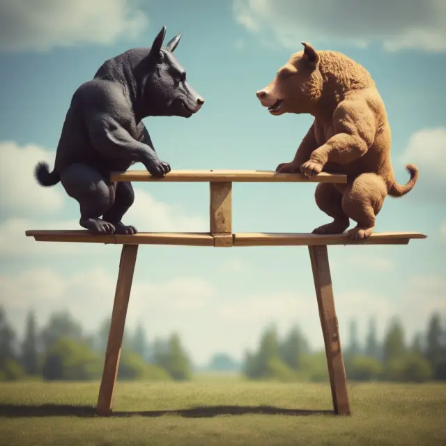 Bull and bear figurines on a seesaw represent the fluctuations in merger arbitrage market