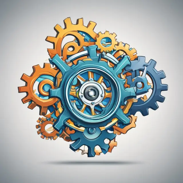 Intertwined gears represent merging companies and balanced interests. Scales symbolize fair deals, while an adjacent gear depicts industry growth through acquisitions.