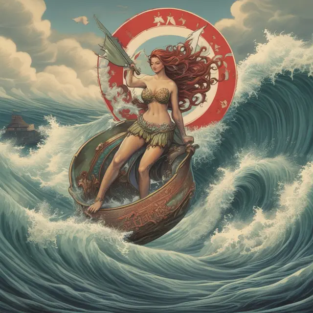 A mermaid riding a massive wave, symbolizing the 2008 financial crisis, holds Bank of America