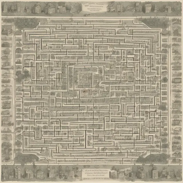 An intricate maze symbolizing the Merton Model, with assets represented by gold coins, debt as boulders, and a labyrinth path leading to a cumulative normal distribution chart.