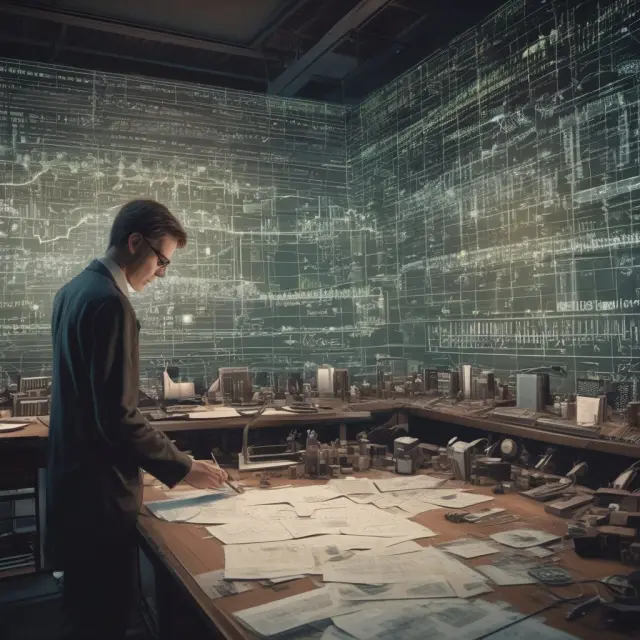 Scientist working on improving the Merton model with stock charts and data streams