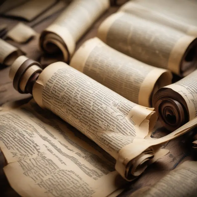 A series of ancient scrolls unfurling to reveal a timeline of metrics usage in business, illustrating their evolution from record keeping to data-driven decision making