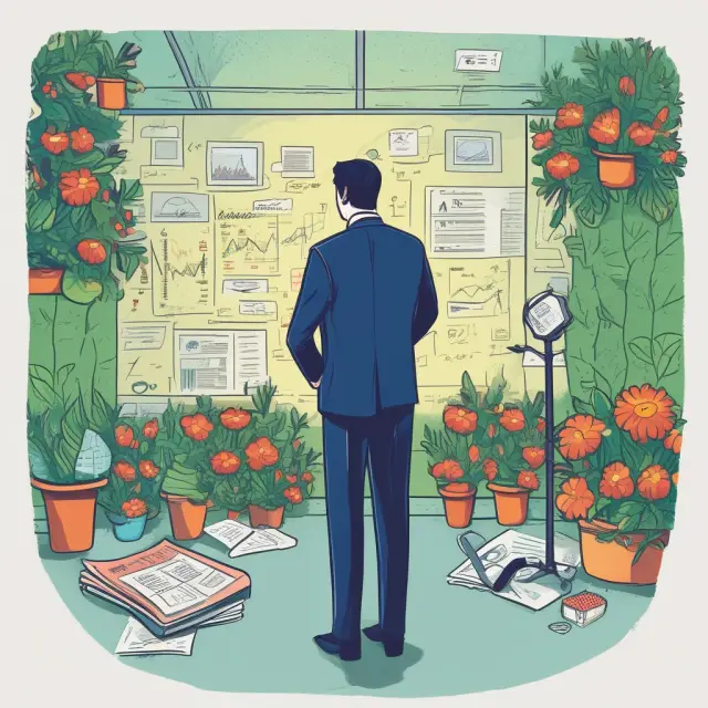 An executive tends to a lush garden filled with metrics: Sales bloom as flowers, EBIT thrives as trees, Net Income nourishes the soil, and Margins and Ratios flourish alongside.