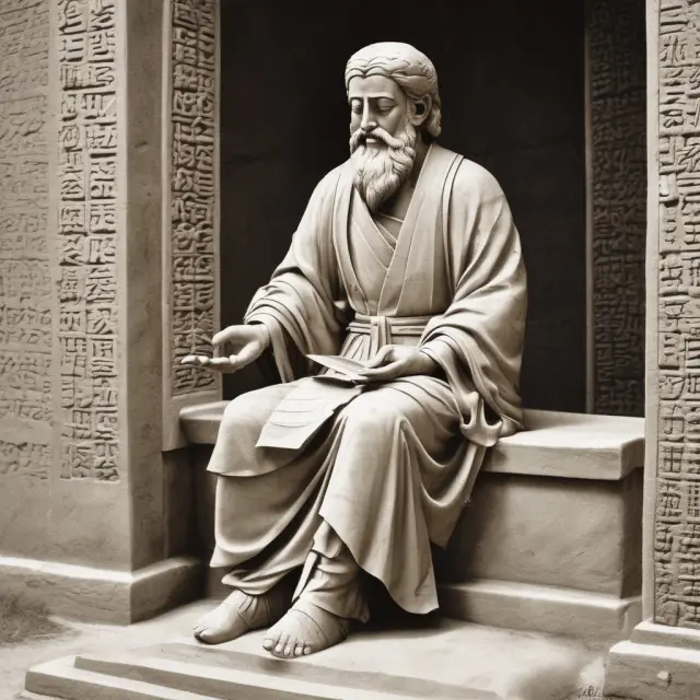 An ancient scribe meticulously recording and analyzing project metrics on a large stone tablet to ensure informed decision making