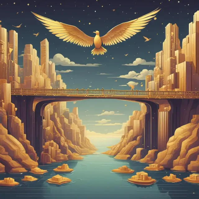 Bridge connecting gold bars representing debt, with people flying above as equity investors with wings