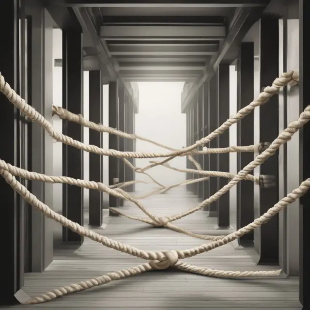 An intricate rope bridge combining aspects of debt (rope strands) and equity (interlocking links), representing Mezzanine Finance