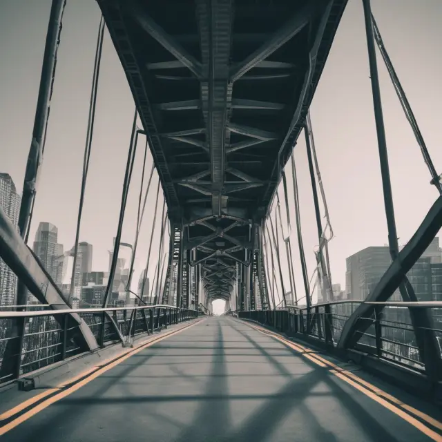 Bridge connecting senior debt and equity towers represents mezzanine debt bridging the gap between debt and equity financing in a leveraged buyout.