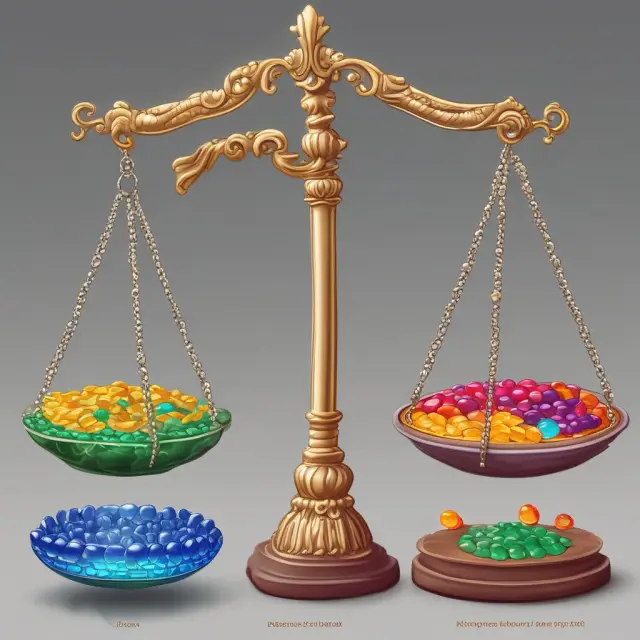Scales illustrating mezzanine debt benefits (gemstones) and risks (red gems), held by an institutional investor
