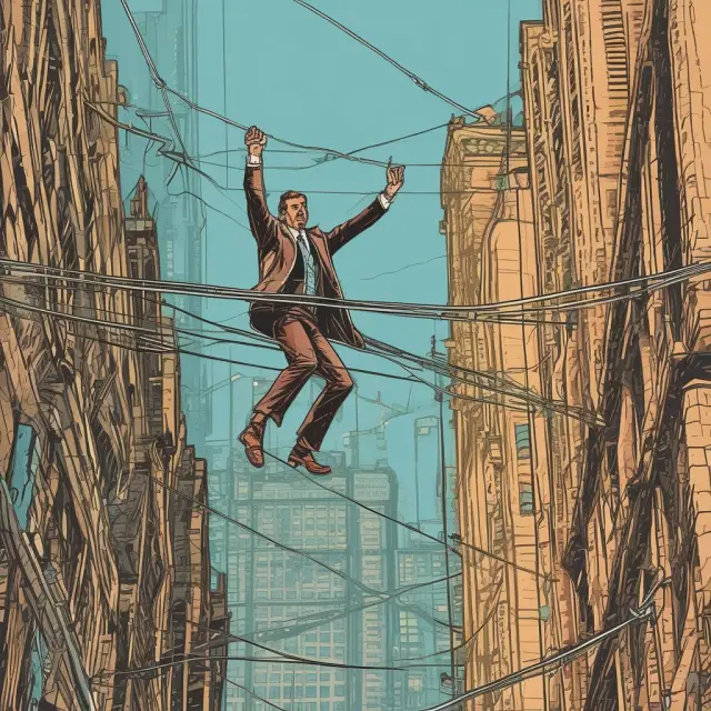 An investor on a tightrope between market fluctuations, managing operational complexities, and navigating regulatory pressures in mezzanine debt investments