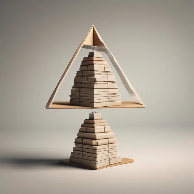Mezzanine financing represented as a triangle balancing on top of a pyramid, illustrating its position between debt and equity.