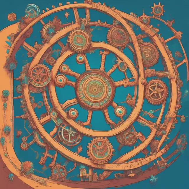 A kaleidoscope with gears representing subordination, interest rate, credit, liquidity, and operational risks in mezzanine financing balancing on a tightrope above potential returns