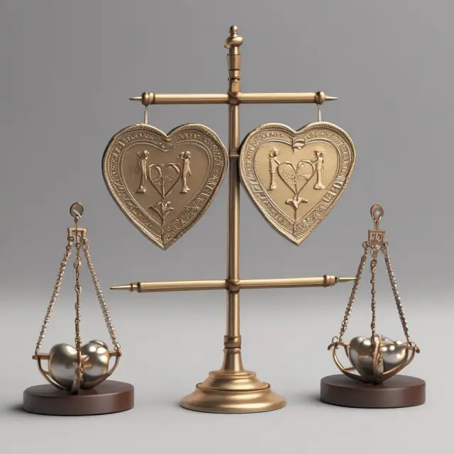 Two halves of a heart-shaped coin balanced on separate scales, representing the choice between Married Filing Jointly and Married Filing Separately based on personal circumstances and deductions