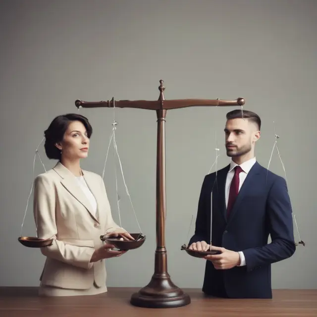 Two individuals weighing options on a scale, representing the decision between Married Filing Separately and Joint Filing for tax purposes.