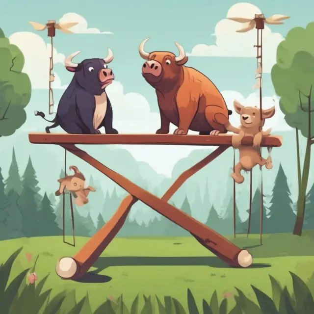 Two mythical married bulls and bears balance their medical expenses and tax deductions on a seesaw, symbolizing the potential advantages of filing separately