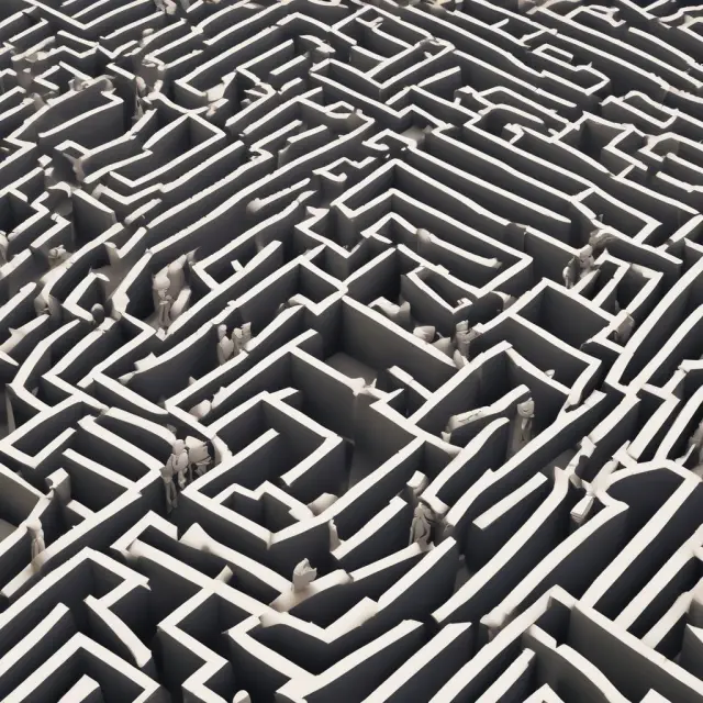 An intricate maze symbolizing the complexities of Married Filing Separately (MFS) and Married Filing Jointly, with couples navigating tax forms.