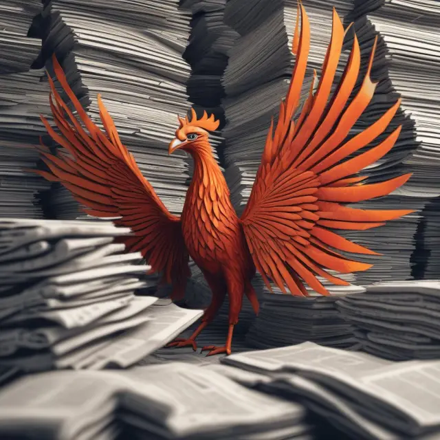 A mythical Phoenix bird emerging from a pile of newspapers, representing the continuous growth and evolution of Bloomberg LP
