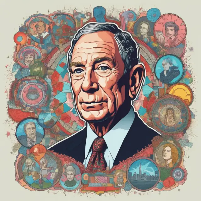 A vibrant kaleidoscope image representing the various political transformations of Michael Bloomberg: Democratic, Republican, and Independent.