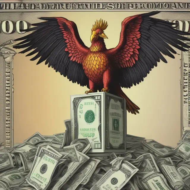 Michael Bloomberg depicted as a phoenix rising from a stack of dollar bills, representing his continuous political impact and wealth.