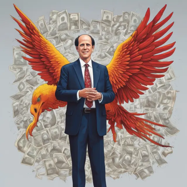 Michael Milken depicted as a phoenix rising above a sea of high-yield bonds, representing his innovative role in the junk bond market.