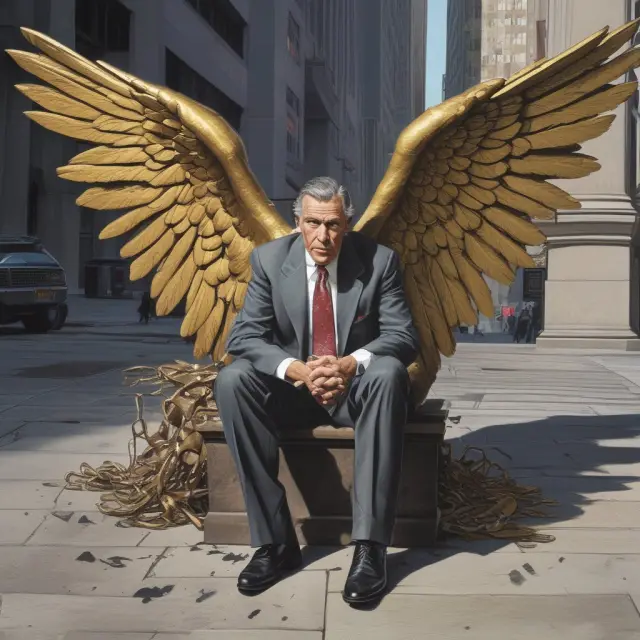 An image of a once powerful angel, now in chains, standing beside philanthropic symbols such as a tree-planting trophy and a book symbolizing knowledge.