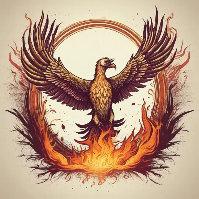 A phoenix rising above the chaos of financial documents and prison bars, representing Michael Milken
