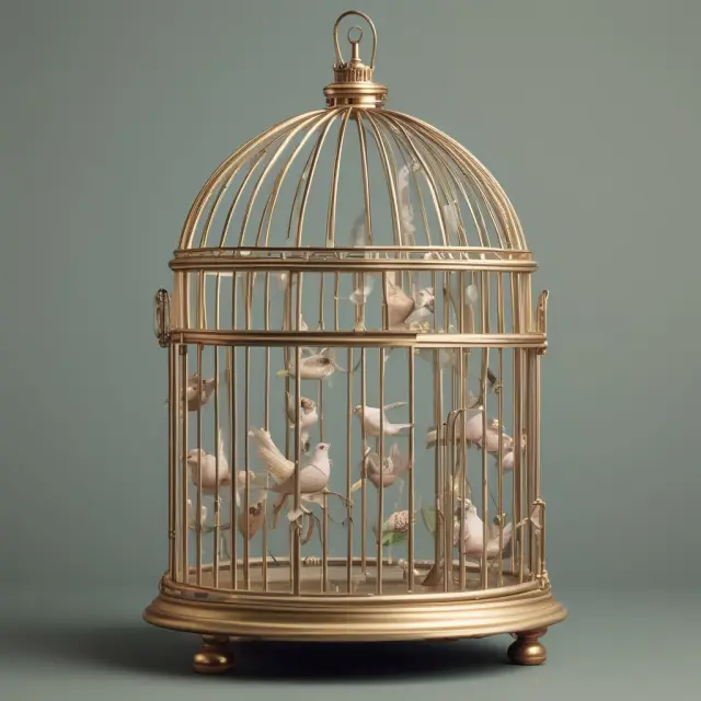 Delicate cage filled with birds representing micromanaged employees, symbolizing feelings of confinement and stifled growth.