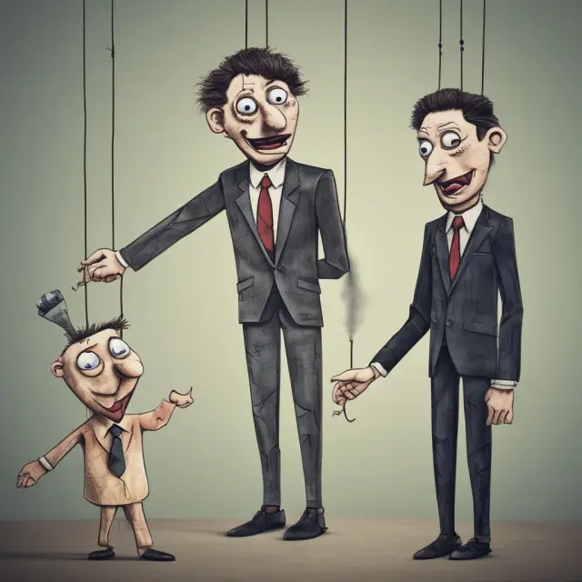 An anxious manager pulls the strings of a marionette theater, representing micromanagement driven by fear and insecurity.