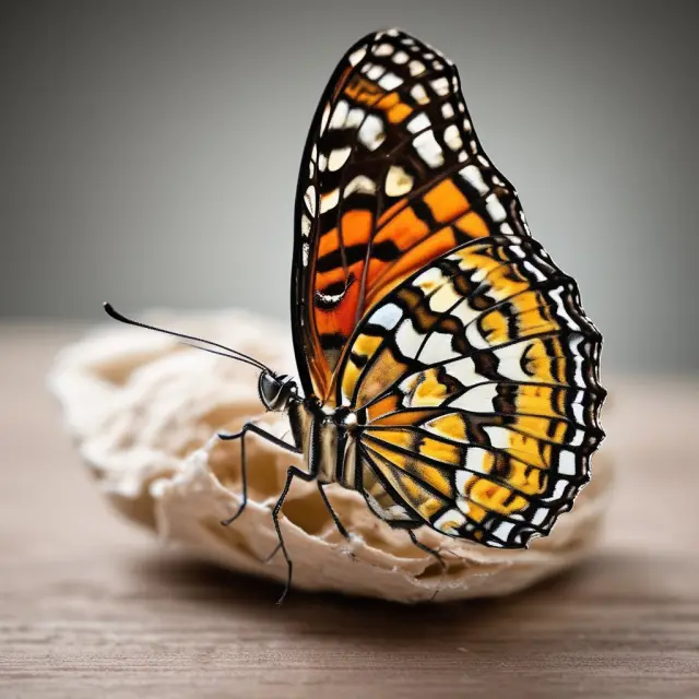 A caterpillar in a business suit transforming into a butterfly, symbolizing the journey of micromanagers becoming effective leaders