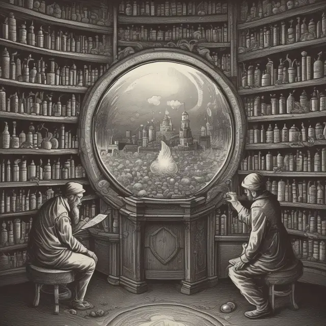 An artisan meticulously examines a crystal ball containing various micro-cap stocks to discover potential gems