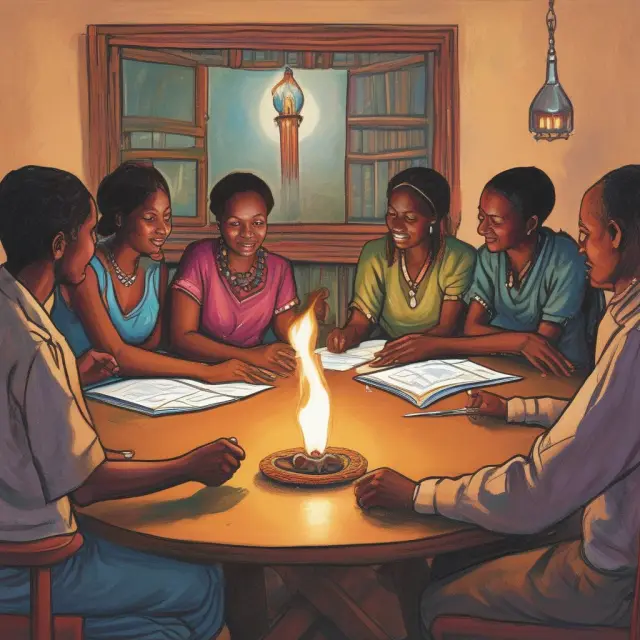 A group of individuals gathered for a microfinance meeting, exchanging ideas while passing a torch symbolizing the transfer of financial knowledge and empowerment