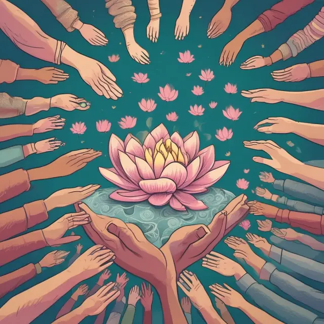 Hand offering microloan to an individual in the sea of unbanked, growing into a lotus symbolizing economic development